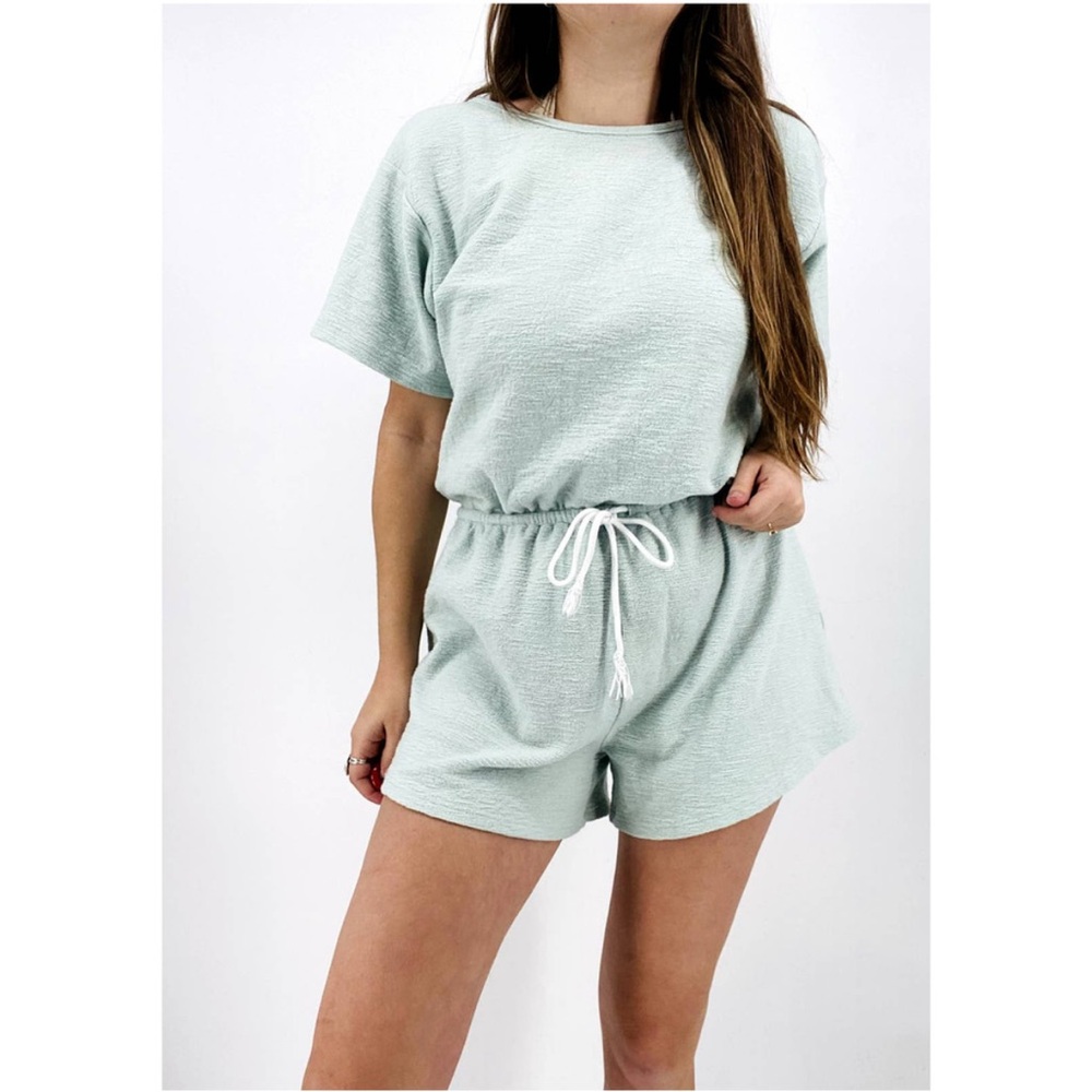 SABO Light Blue Short Sleeve Crewneck Tie Waist Shorts Romper Size Medium